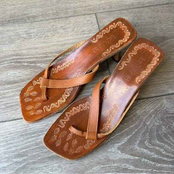 Triple Brown Leather Hand  Tooled Insole Sandals - Picture 2 of 10